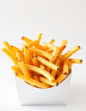 French fries in a paper box on a white background. Selective focus.の写真素材