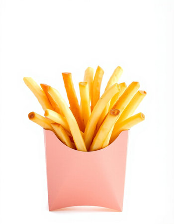 French fries in a pink box on a white background. Isolated