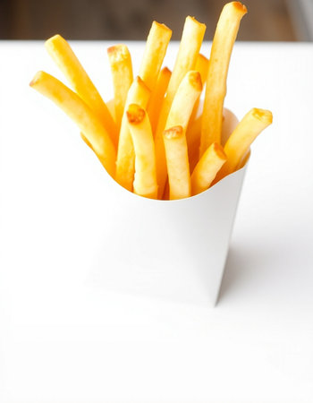 French fries in a white box on a white background. Selective focus