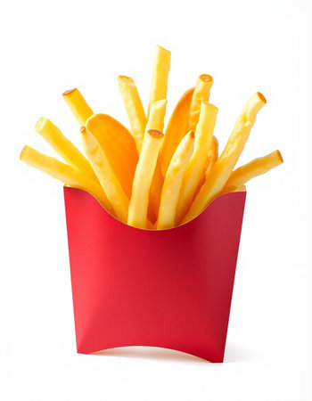 French fries in red box isolated on white background, clipping path included