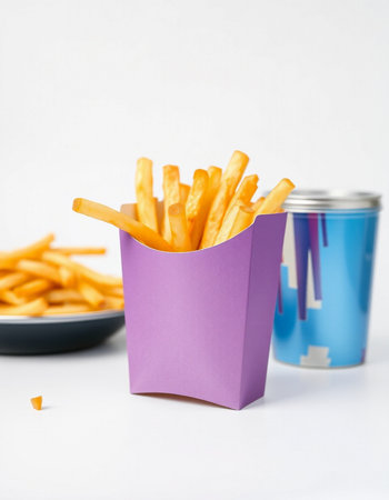 French fries in paper box on white background. Selective focus.の写真素材