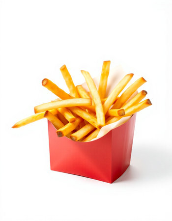 French fries in a red box on a white background. Isolated