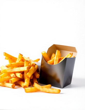 French fries in a paper box on a white background. Selective focus.の写真素材