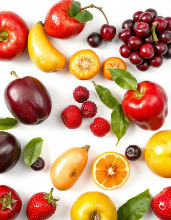 Fruits and berries on white background. Flat lay, top view