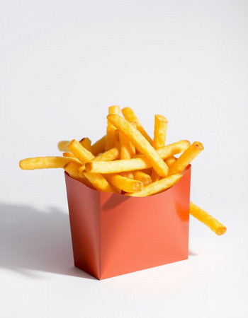 French fries in a red box on a white background. Fast food.