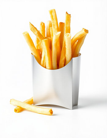French fries in a paper box on a white background. Isolated
