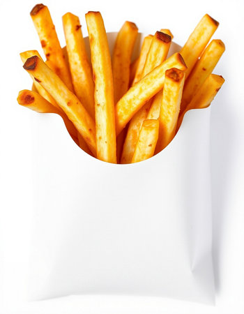 French fries in a white box on a white background. Isolated