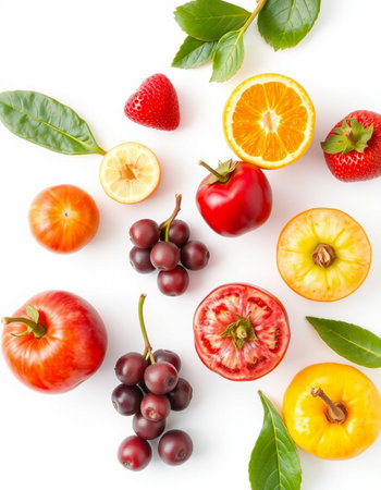 Fruits and berries on white background. Flat lay, top view
