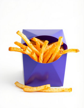 French fries in a blue box on a white background. Fast food.の写真素材