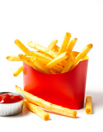 French fries with ketchup isolated on white background. Selective focus