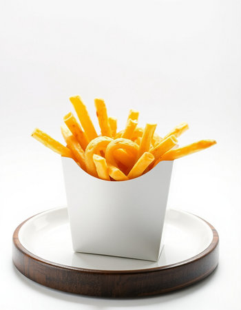 French fries in a white box on a wooden stand on white background