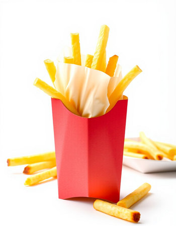 French fries in a red box on a white background. Selective focus.