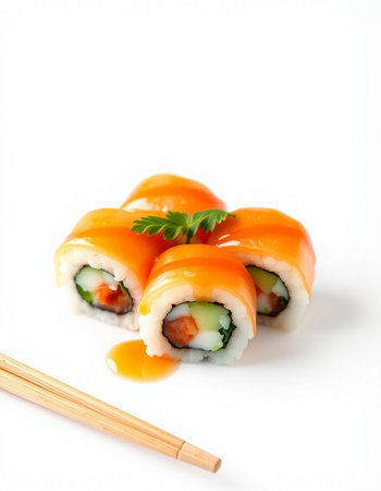 Sushi roll with salmon, cucumber and cream cheese on white backgroundの写真素材