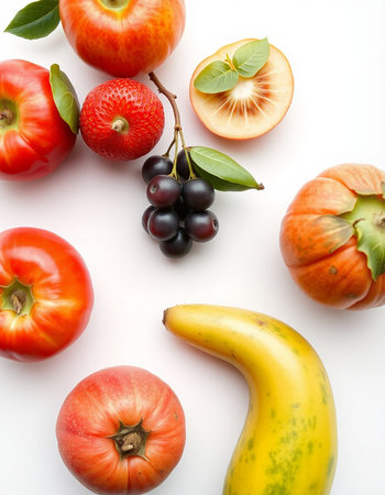 Fresh fruits and vegetables isolated on white background. Healthy food concept.の写真素材