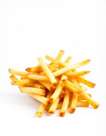 French fries on a white background. Shallow depth of field.