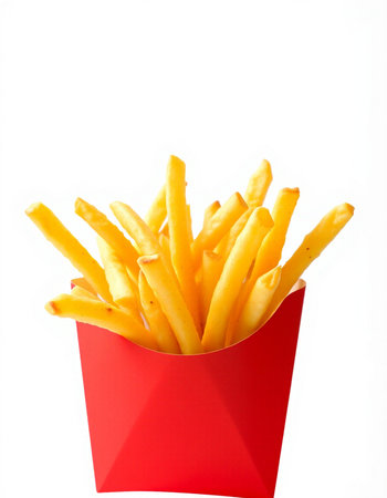 French fries in a red box isolated on white background. Selective focus.
