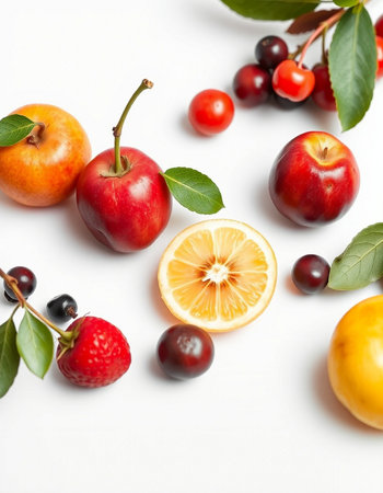 Fruits and berries on a white background. View from above.の写真素材