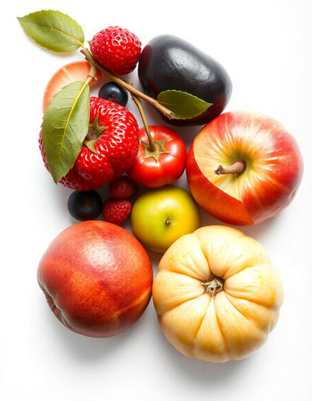 Assortment of fruits isolated on a white background. Top view.の写真素材