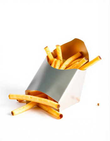 French fries in a paper box on a white background. Fast food.の写真素材