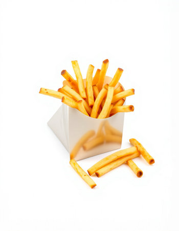 French fries in paper box isolated on white background. Selective focus.