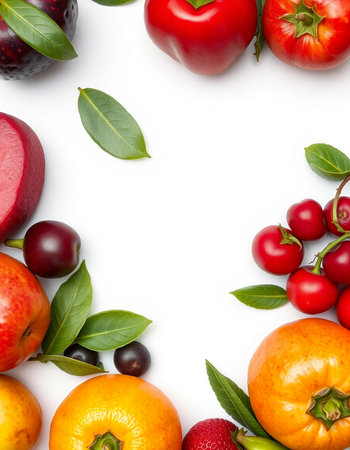 Fruits and vegetables isolated on a white background. Top view.