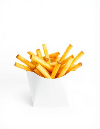 French fries in a white box on a white background. Isolated