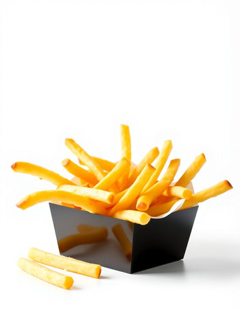 French fries in a black box on white background. Isolated.