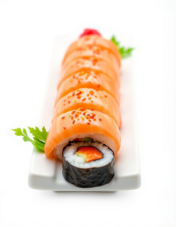Sushi rolls on a white plate, isolated on a white backgroundの写真素材