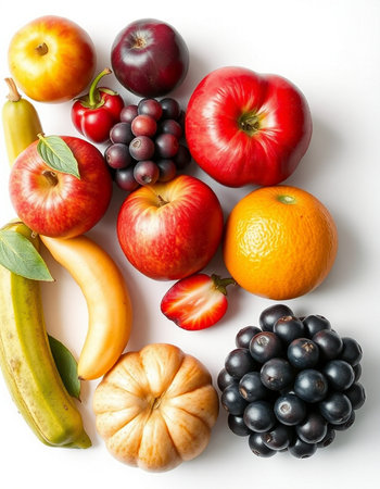 Fresh fruits and vegetables isolated on white background. Healthy food concept.