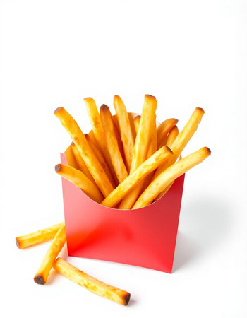 French fries in a red box on a white background. Isolated