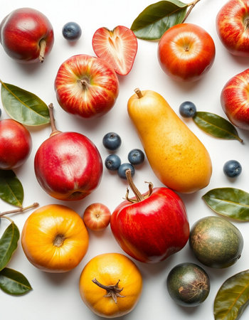Fruits and vegetables on a white background. Flat lay, top viewの写真素材