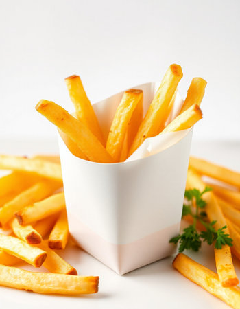 French fries in a white box on a white background, selective focus