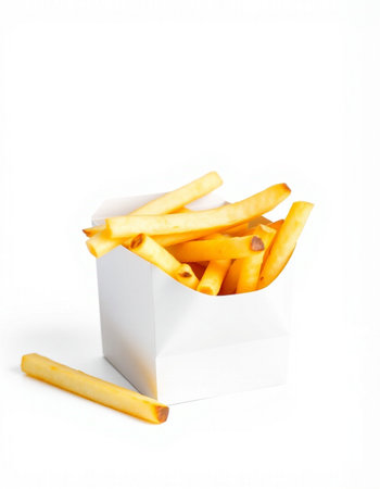 French fries in a white box on a white background. Isolated