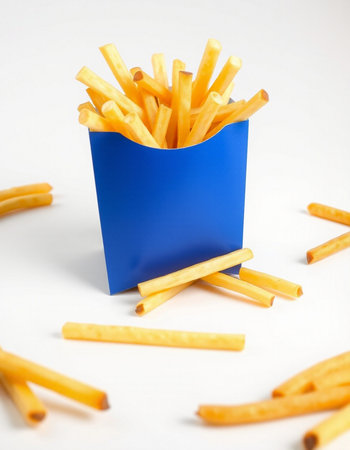 French fries in a blue box on a white background close-upの写真素材