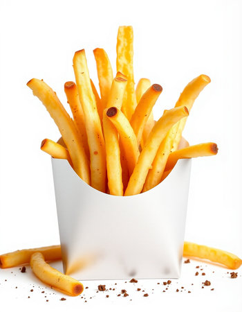 French fries in a white paper box on a white background, isolated