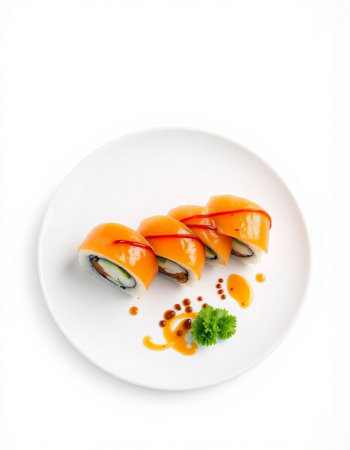 Sushi roll with salmon and caviar isolated on white background.