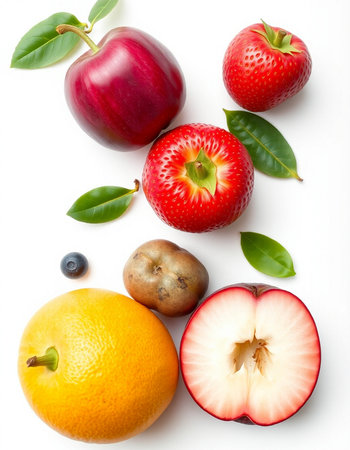 Fruits on a white background. Top view. Flat lay.