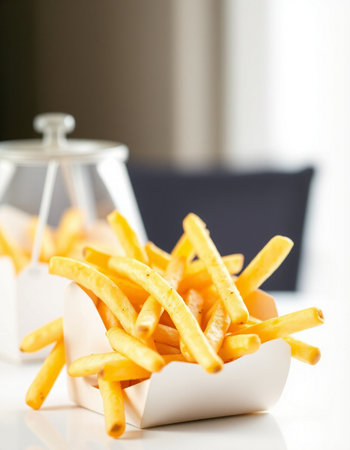 French fries in a white box on a white background. Selective focus.