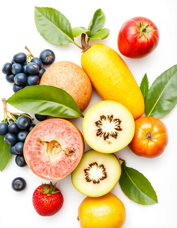 Fresh fruits and vegetables isolated on white background. Healthy food concept.