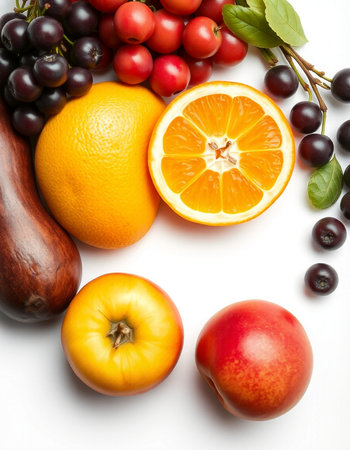 Fruits and vegetables isolated on a white background. Top view.