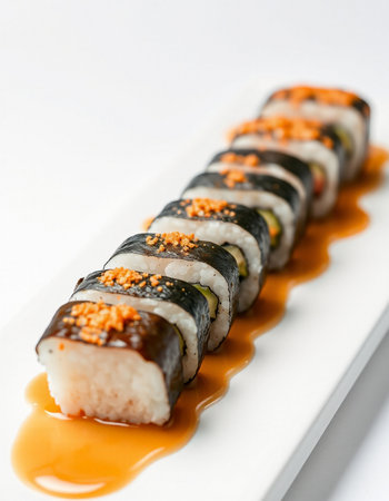 Sushi roll with salmon and eel on a white plate.の写真素材
