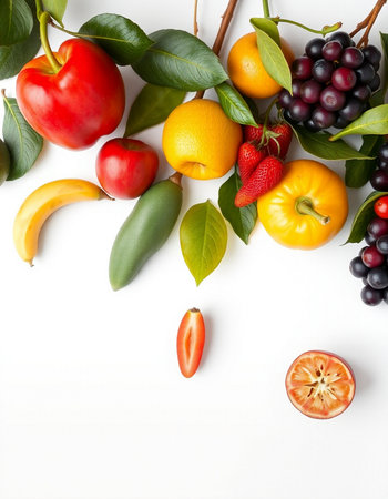 Fruits and vegetables on a white background. Healthy food concept.の写真素材