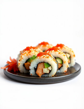 Sushi rolls on a black plate isolated on a white background.の写真素材