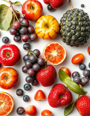 Fruits and berries on a white background. Flat lay, top viewの写真素材
