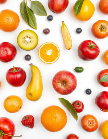 Fruits and vegetables isolated on white background. Flat lay, top viewの写真素材