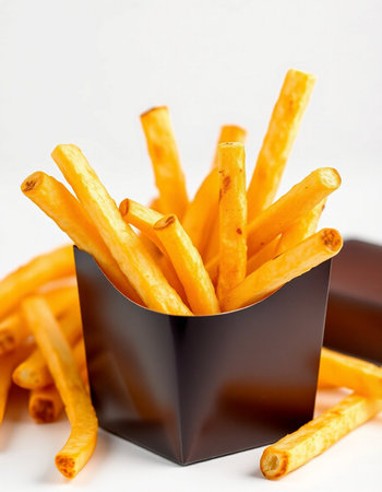 French fries on white background. Selective focus. Shallow depth of field.