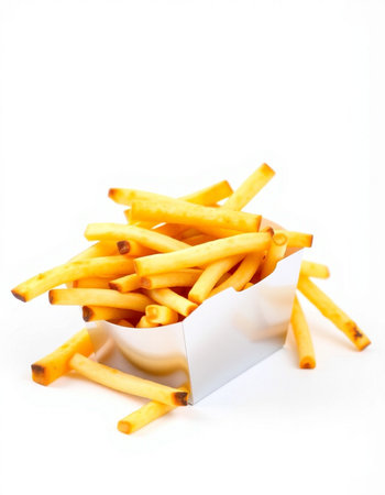Pile of french fries in a box isolated on white background.