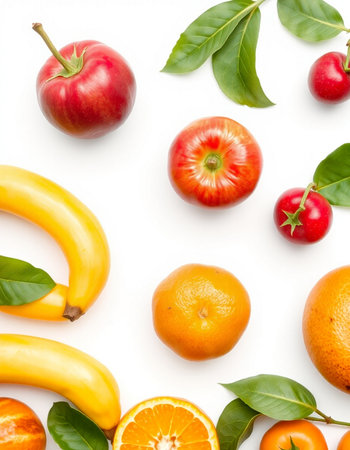 Fruits and vegetables on white background top view pattern. Flat layの写真素材
