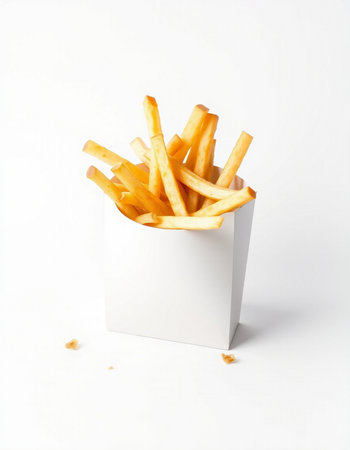French fries in a white box on a white background. Fast food.