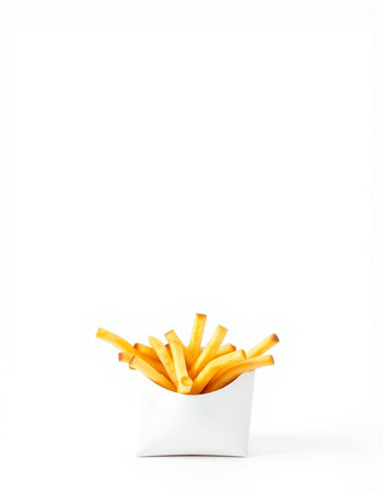French fries in a white box on a white background with copy spaceの写真素材